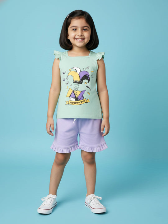 Kiddopanti Girls Printed Frill Sleeve Square Neck Tee  & Bottom Hem Frill Shorts Set