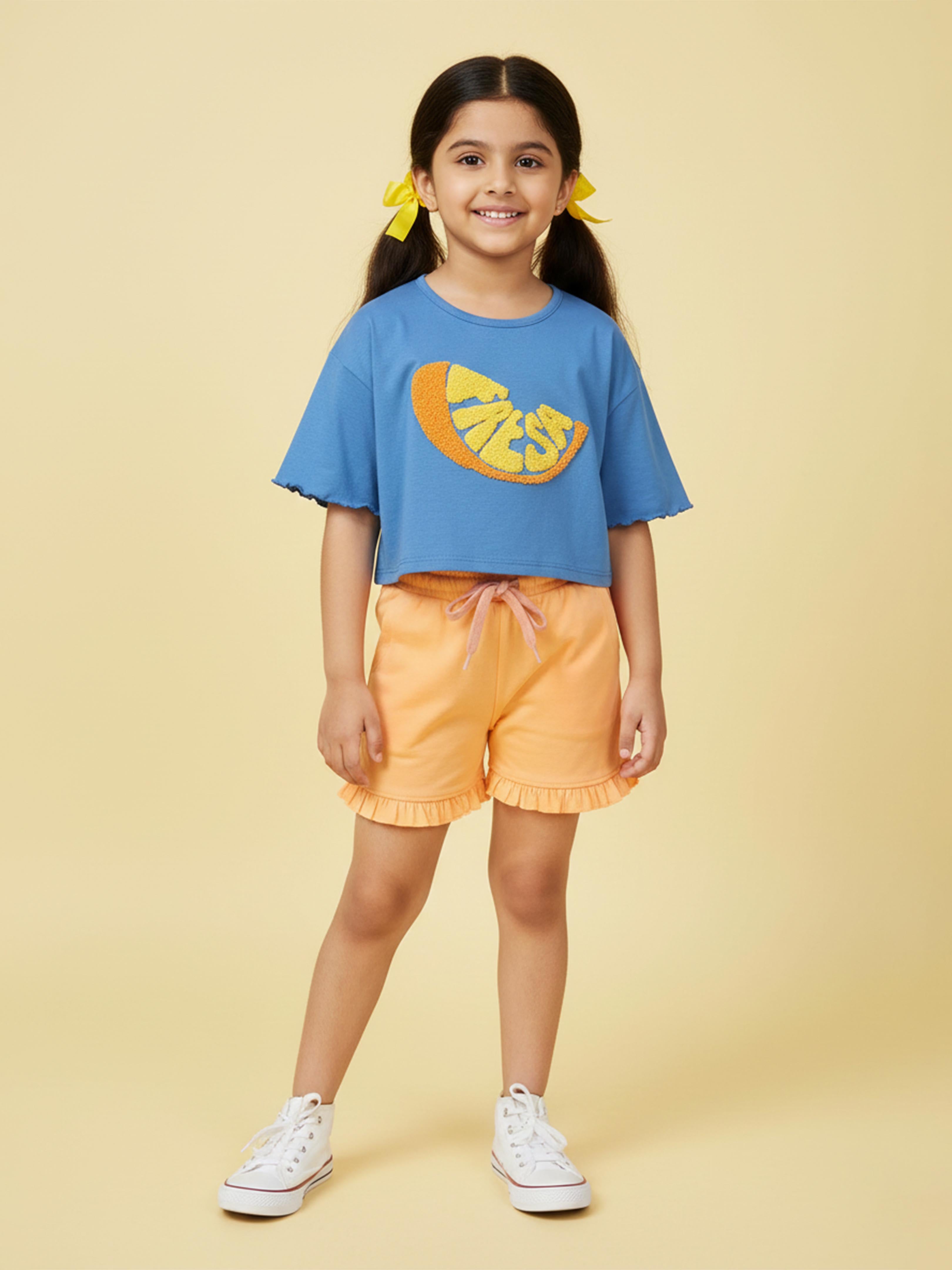 Kiddopanti Girls Crop Tee & Bottom Hem Frill Shorts Set