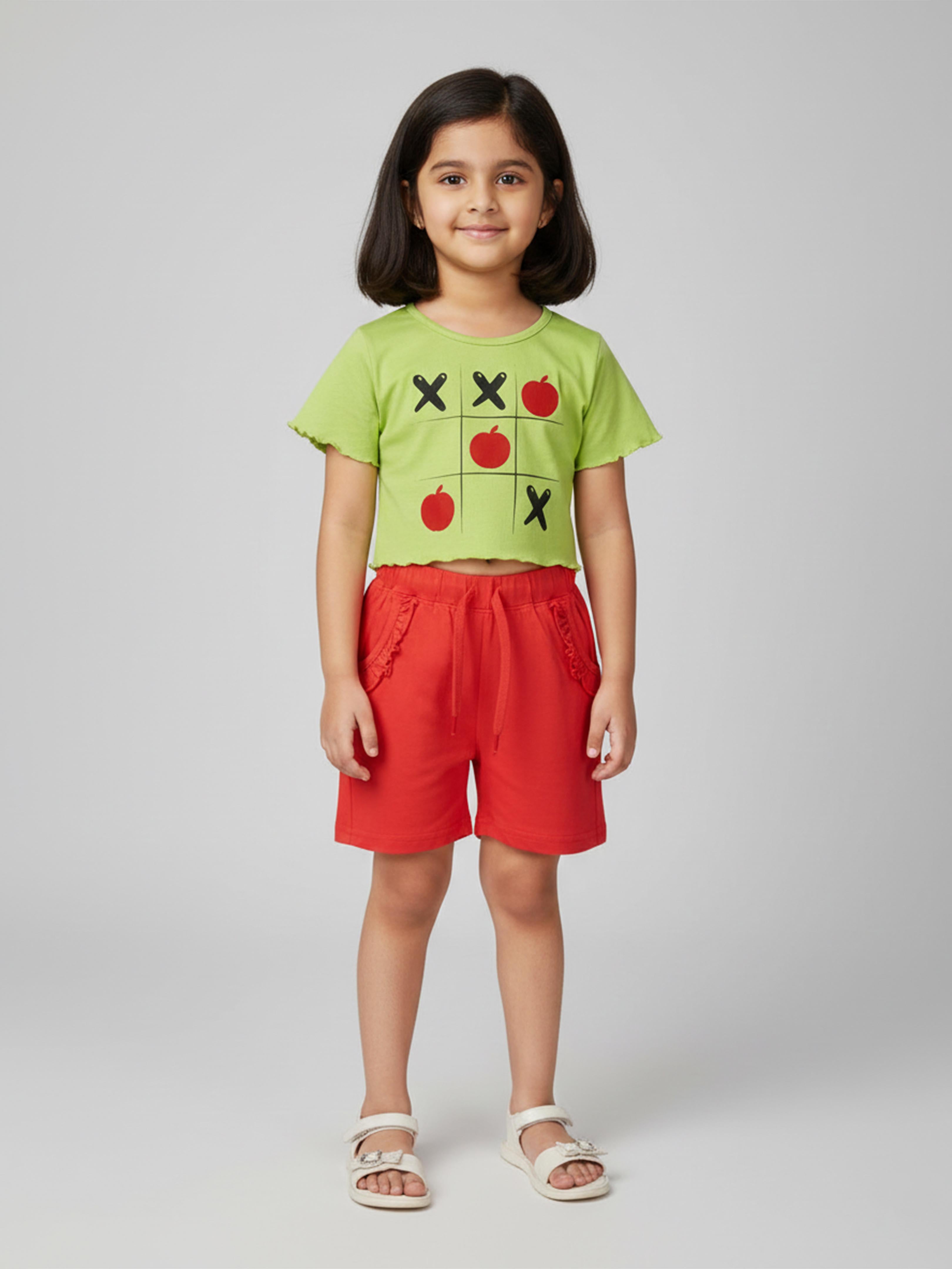 Kiddopanti Girls Crop Tee & Frill Pocket Hot Shorts Set