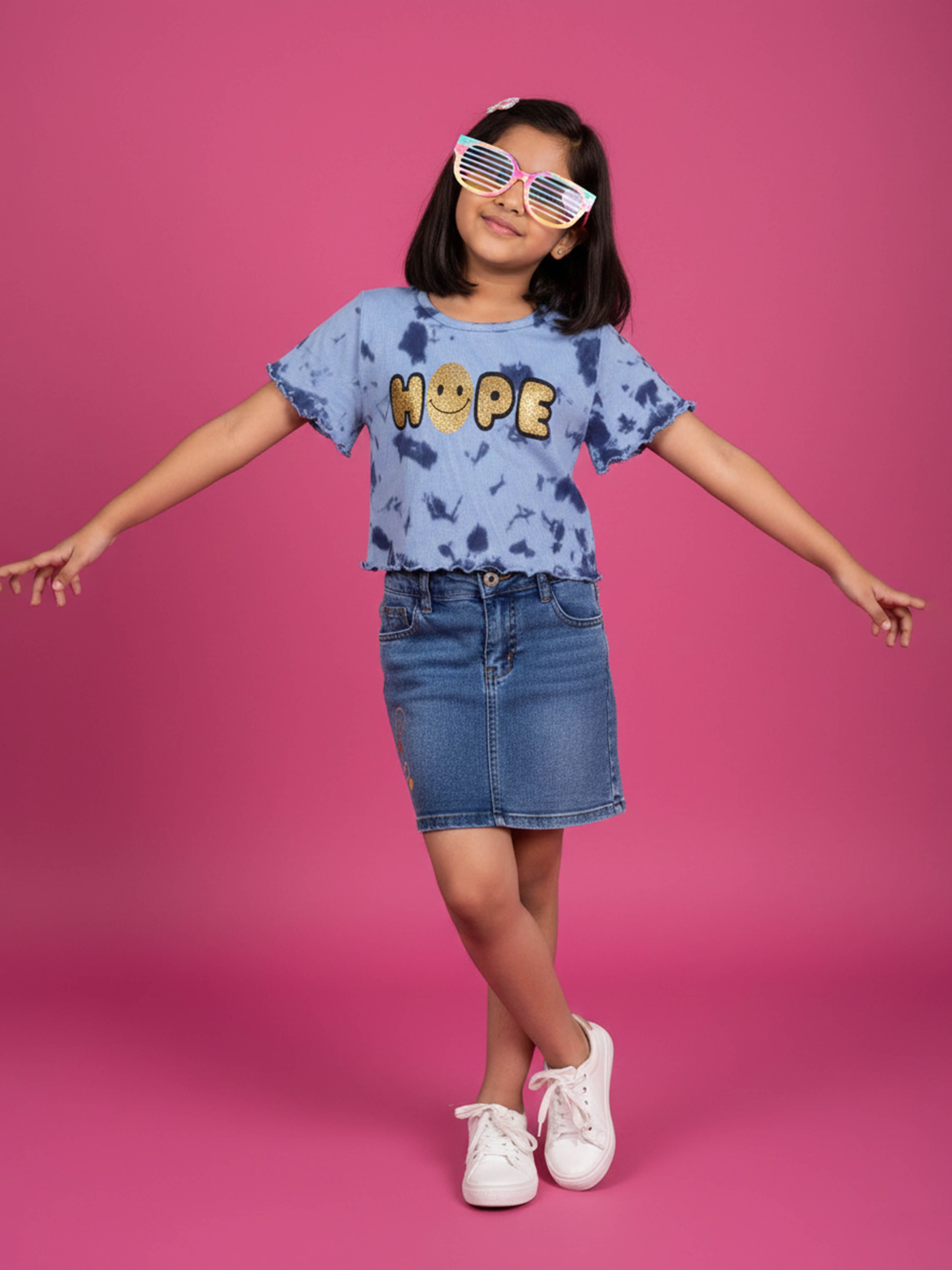 Kiddopanti Girls Crop Tie & dye Tee & Fashion Denim Skirt  Set