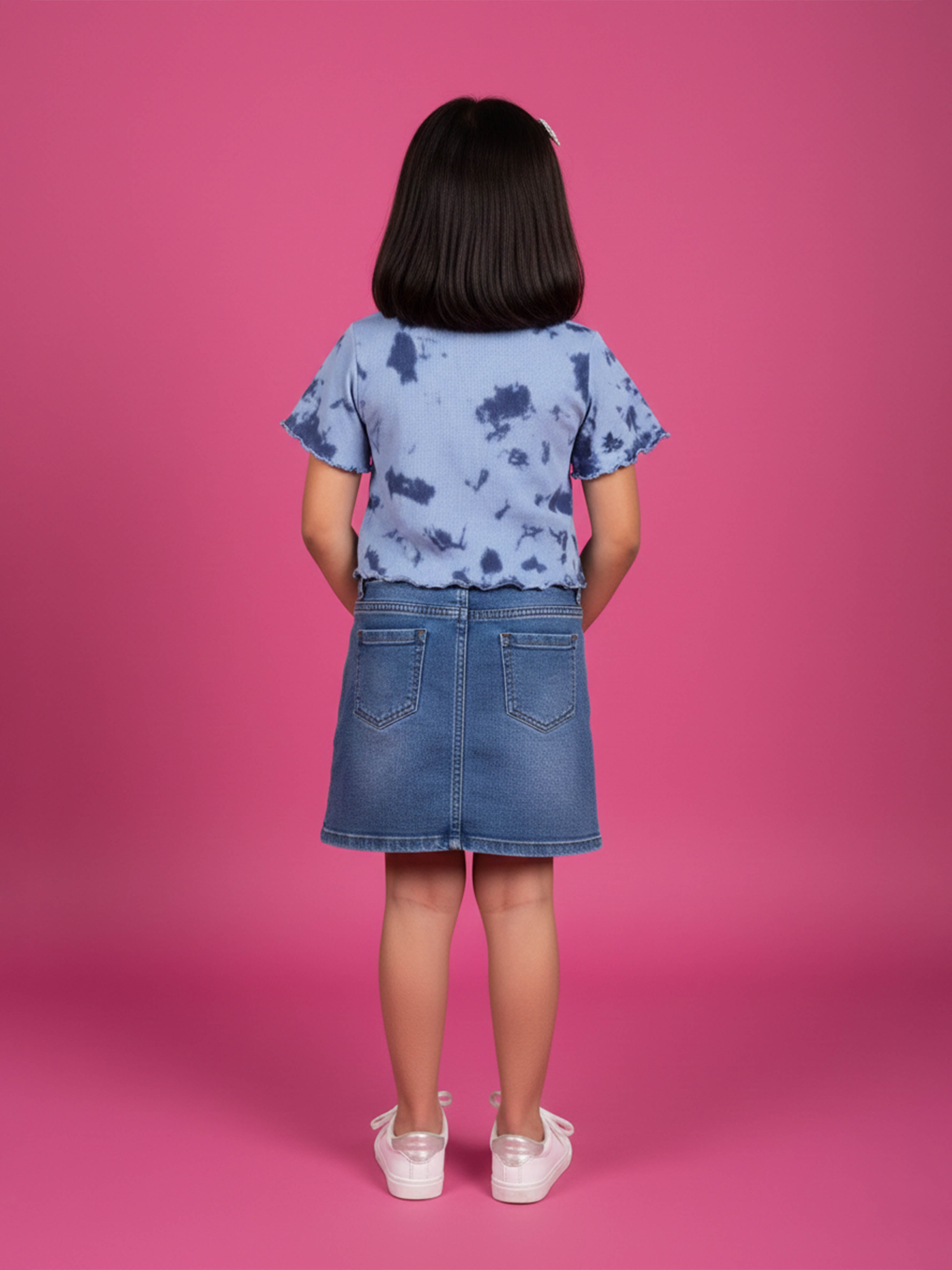 Kiddopanti Girls Crop Tie & dye Tee & Fashion Denim Skirt  Set