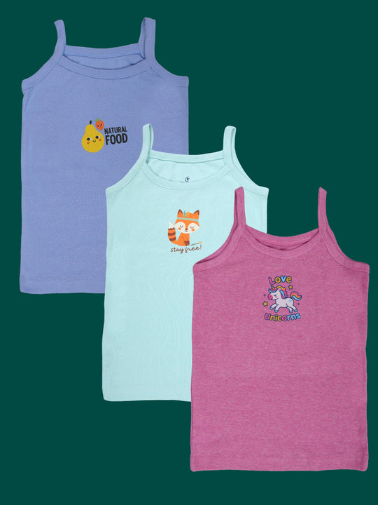 Kiddopanti Girls 100% Cotton Printed Camisoles Slips Pack of 3