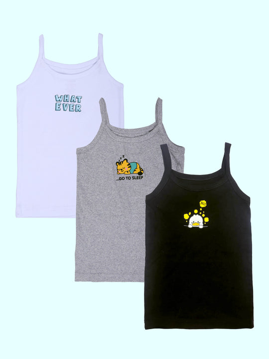 Kiddopanti Girls 100% Cotton Printed Camisoles Slips Pack of 3