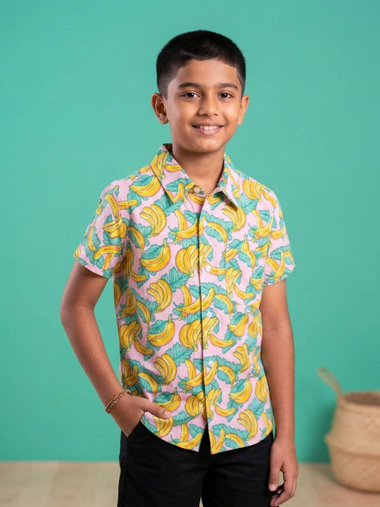Kiddopanti Boys Cotton Woven Half Sleeves Graphic Printed Shirt