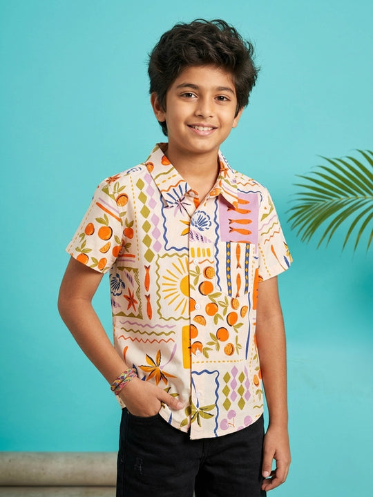 Kiddopanti Boys Cotton Woven Half Sleeves Graphic Printed Shirt