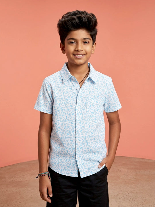 Kiddopanti Boys Cotton Woven Half Sleeves Graphic Printed Shirt