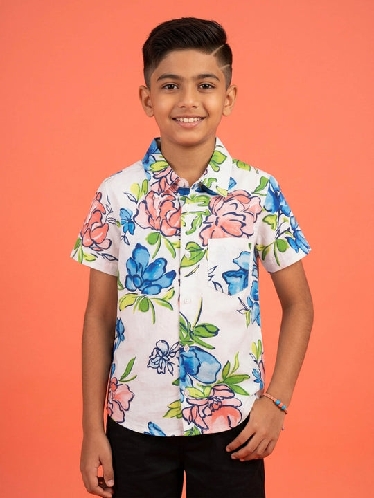 Kiddopanti Boys Cotton Woven Half Sleeves Graphic Printed Shirt