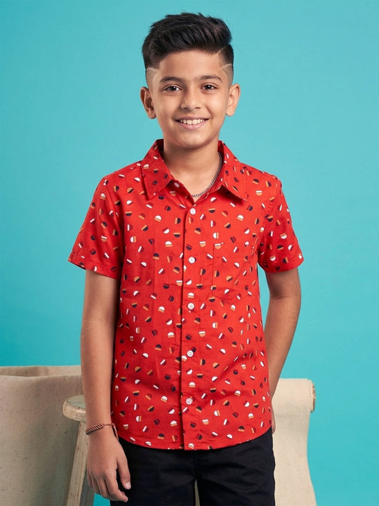 Kiddopanti Boys Cotton Woven Half Sleeves Graphic Printed Shirt