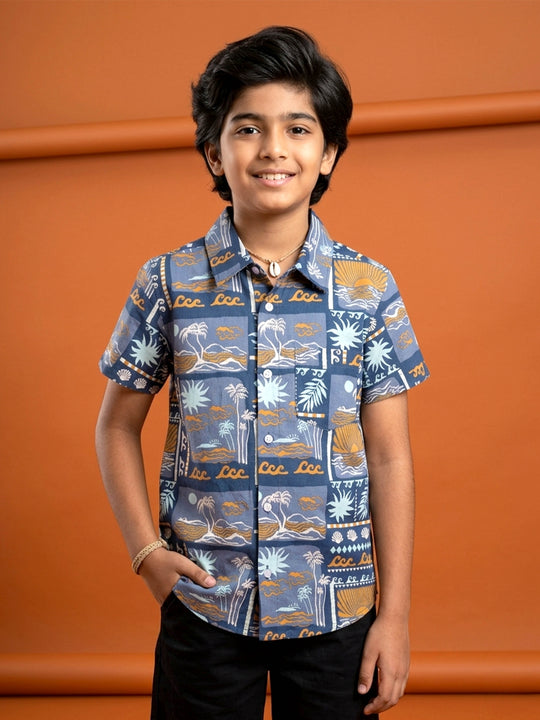 Kiddopanti Boys Cotton Woven Half Sleeves Graphic Printed Shirt