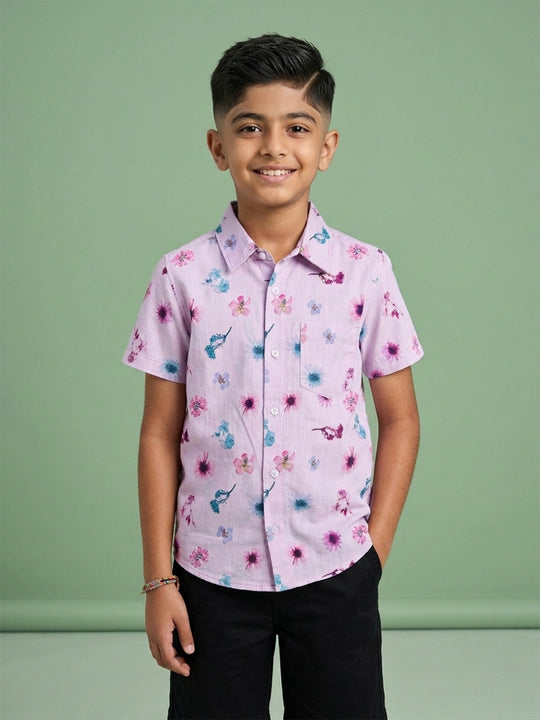 Kiddopanti Boys Cotton Woven Half Sleeves Graphic Printed Shirt