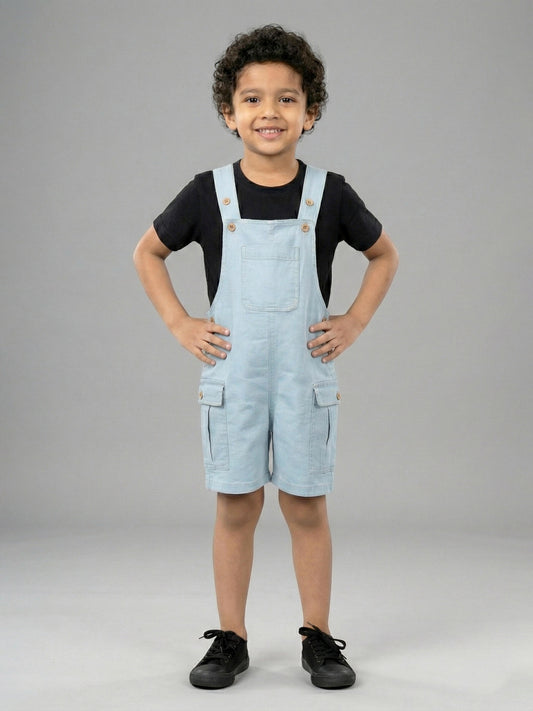 Kiddopanti Unisex Denim Solid Cargo Dungaree Shorts