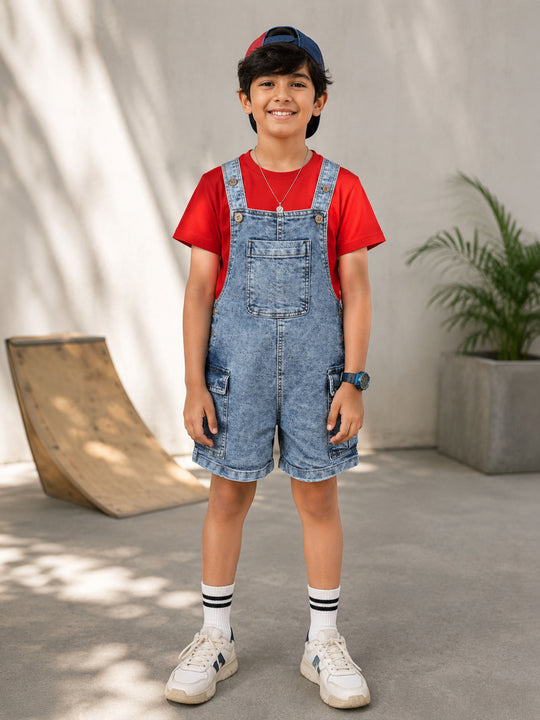 Kiddopanti Boys & Girls Denim Woven Solid Cargo Dungare Shorts