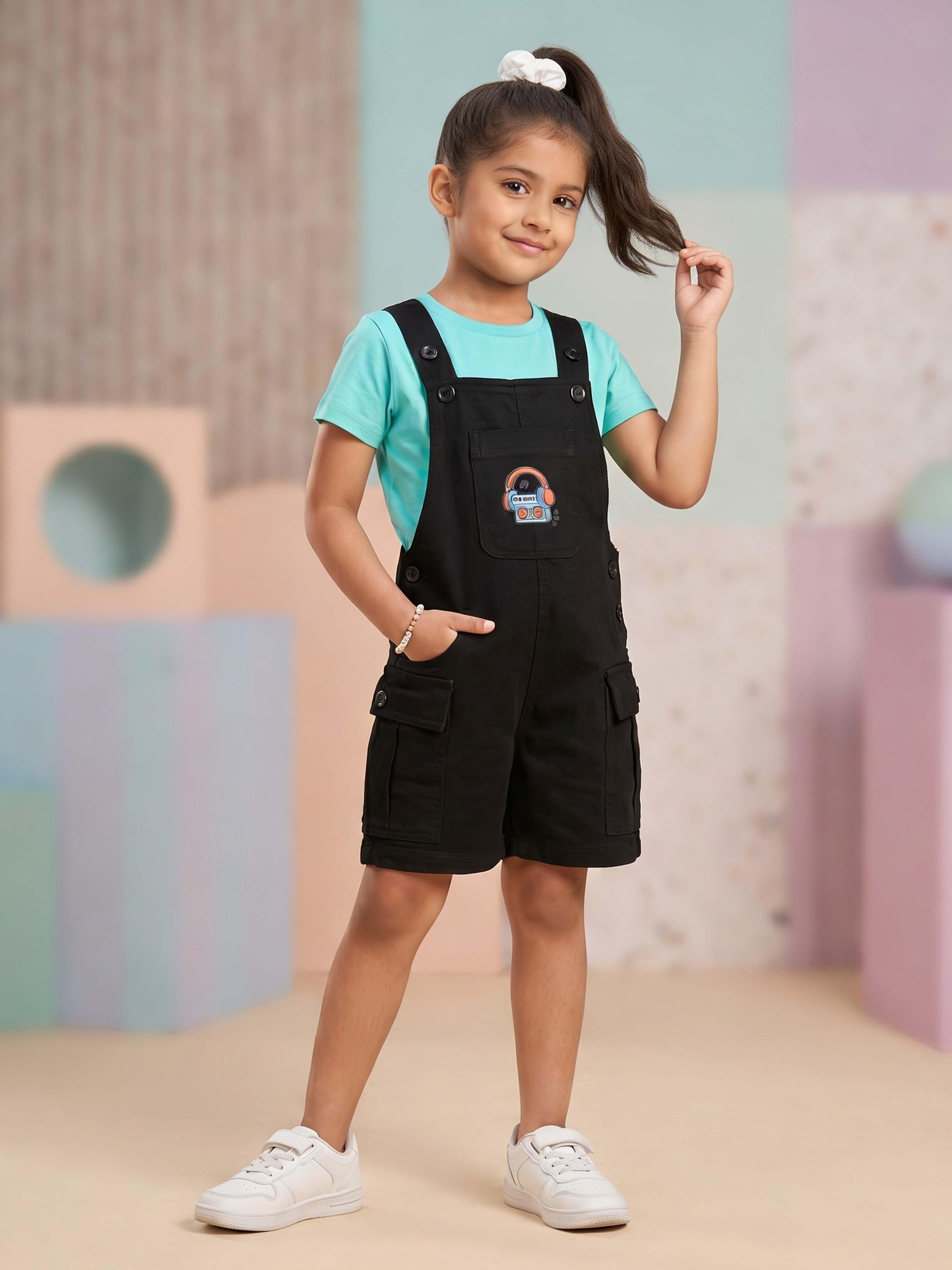 Kiddopanti Boys & Girls Denim Printed Cargo Dungaree Shorts