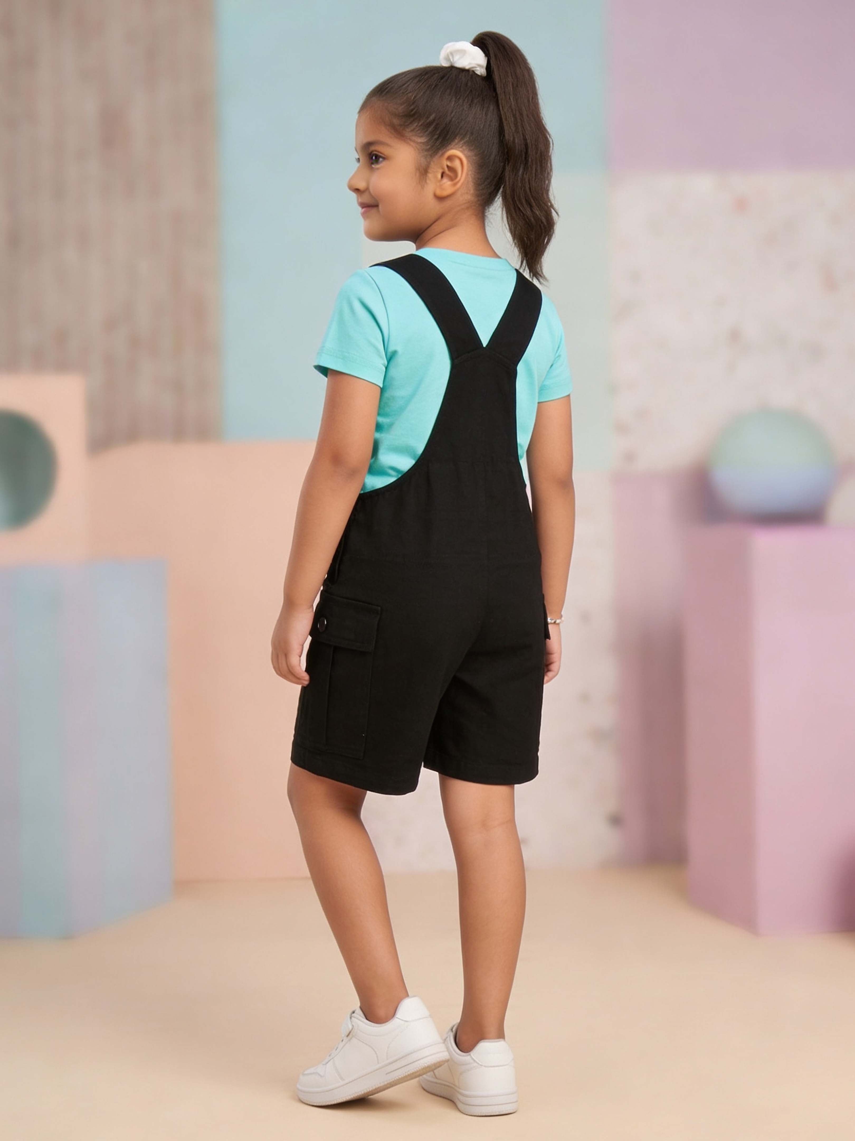 Kiddopanti Boys & Girls Denim Printed Cargo Dungaree Shorts