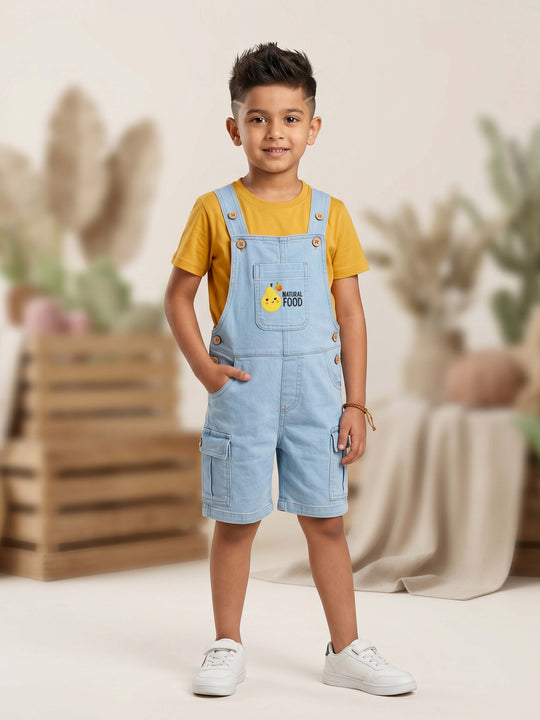 Kiddopanti Boys & Girls Denim Printed Cargo Dungaree Shorts