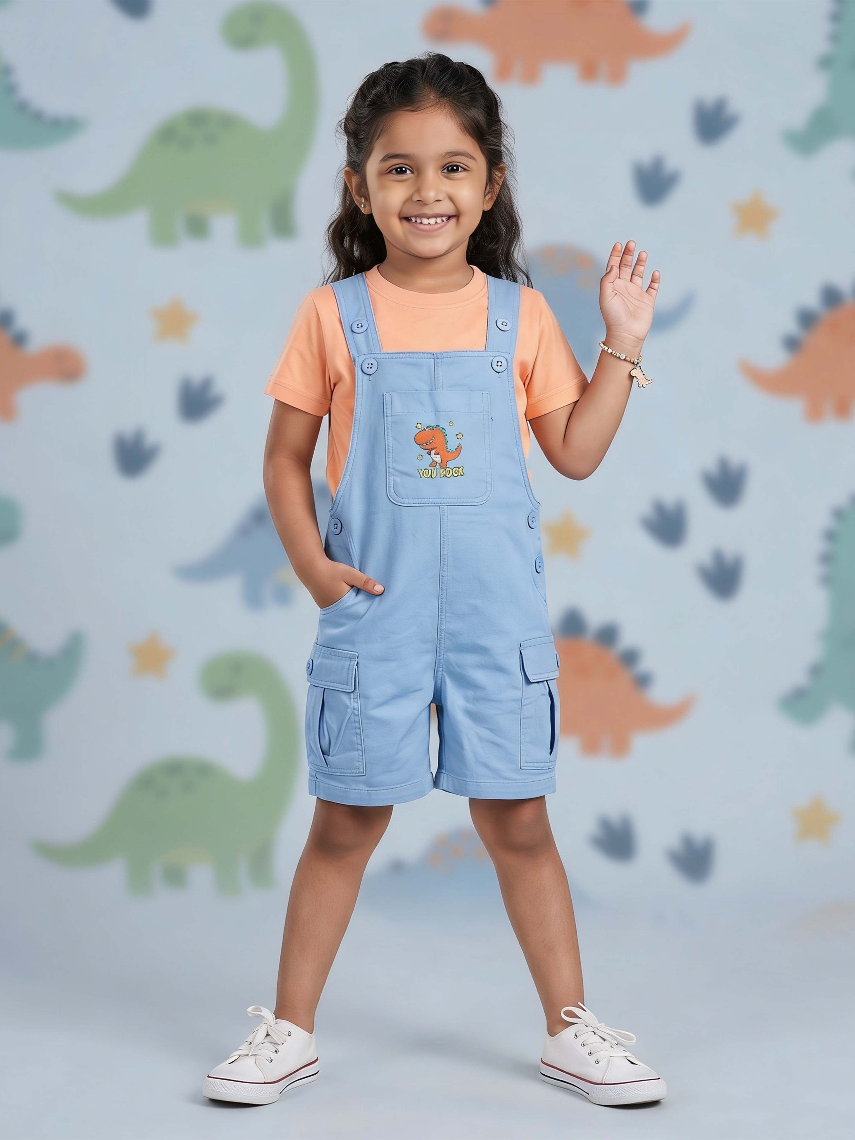 Kiddopanti Boys & Girls Denim Printed Cargo Dungaree Shorts