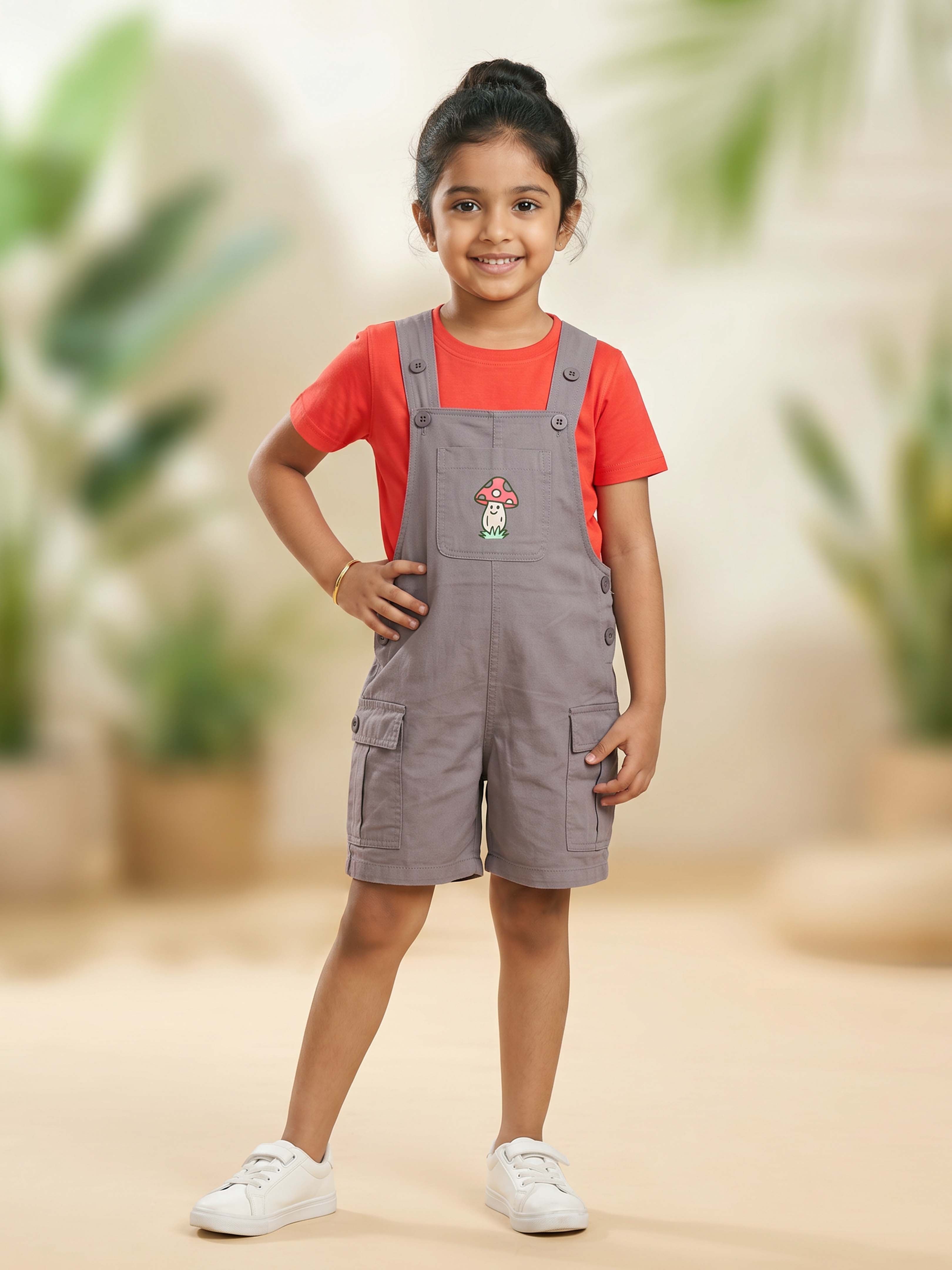 Kiddopanti Boys & Girls Denim Printed Cargo Dungaree Shorts