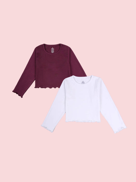 KiddoPanti Girls Cotton Rib Solid Full Sleeve Round Neck Crop Tee Pack of 2