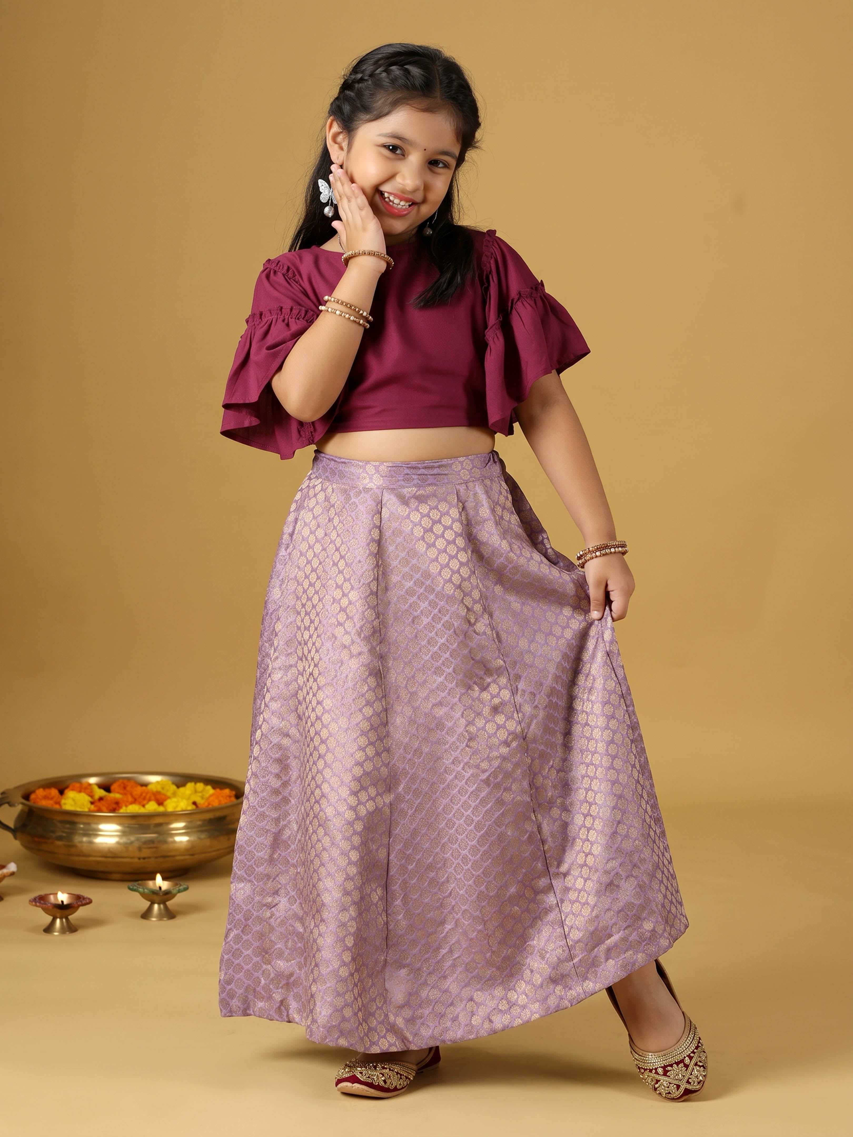 Kiddopanti Girls Rayon Woven Ethnic Half Sleeve Choli & Polyester Woven Jacquard Printed Lehenga set