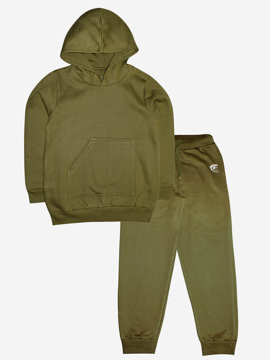 Solid Fleece Hooded Pull over Sweatshirt & Track Pant Set