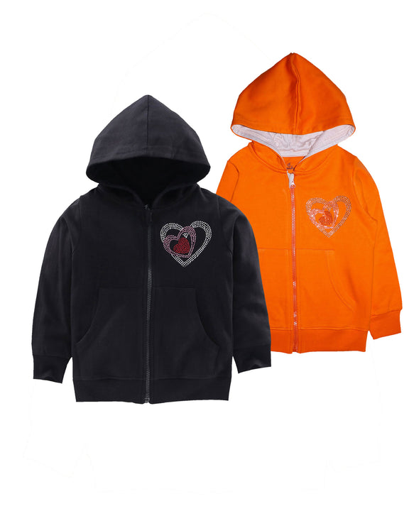 Girls Front Open Hooded Sweatshirt With Rhine Stone Applique Pack of 2