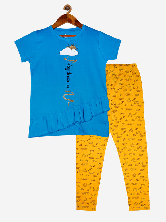 Girls Cotton T-shirt with Frill & Printed Leggings Set