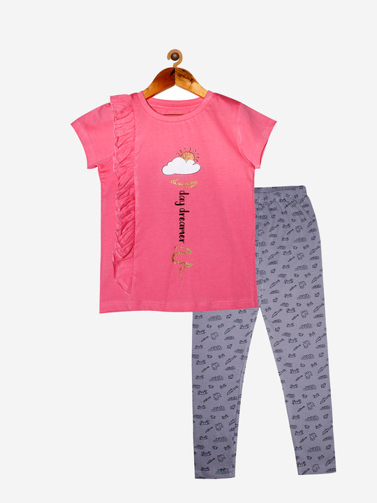 Girls Cotton T-shirt with Frill & Printed Leggings Set