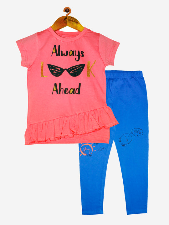 Girls Cotton T-shirt with Frill & Leggings Set