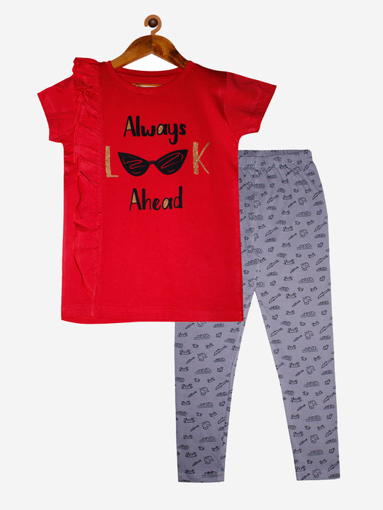 Girls Cotton T-shirt with Frill & Printed Leggings Set