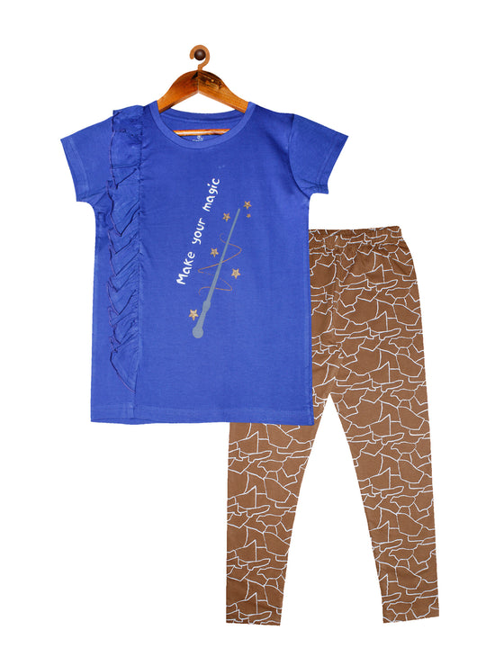 Girls Cotton T-shirt with Frill & Printed Leggings Set