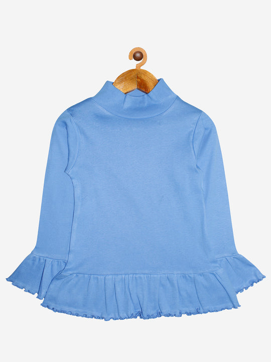 Girls Full Sleeve High Neck Rib Knit Tee With Frill Hem