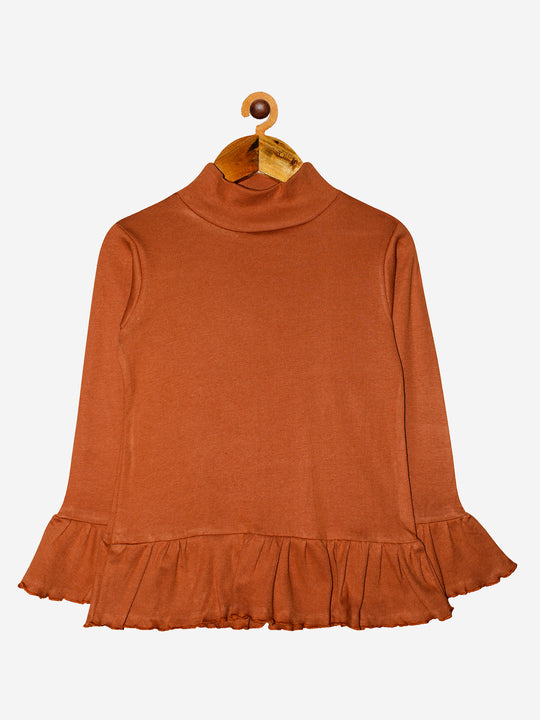 Girls Full Sleeve High Neck Rib Knit Tee With Frill Hem