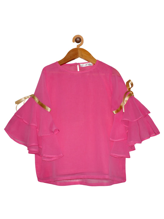 Girls Solid Georgette Top with Cotton Lining and Bell Frill Sleeves