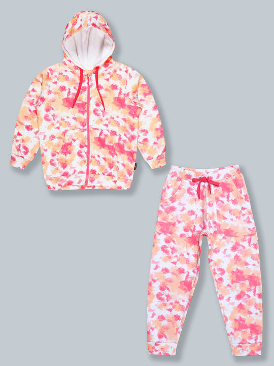 Fleece Tie & Dye Print Front Open Hooded Sweatshirt & Track Pant Set