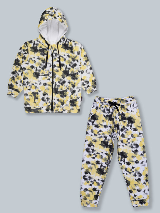 Fleece Tie & Dye Print Front Open Hooded Sweatshirt & Track Pant Set