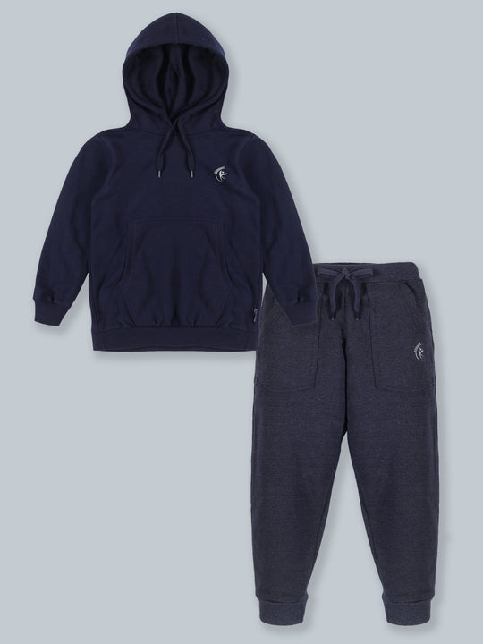 Fleece Solid Hooded Sweatshirt  & Track Pant Set
