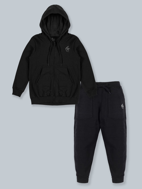 Fleece Solid Zip Front Open Hooded Sweatshirt  & Track Pant Set