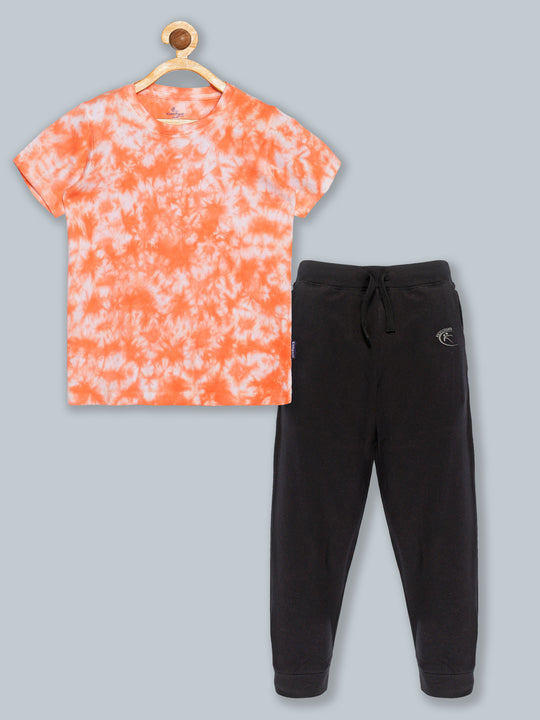 Boys Half Sleeve Tie & Dye T Shirt & Solid Track Pant Set