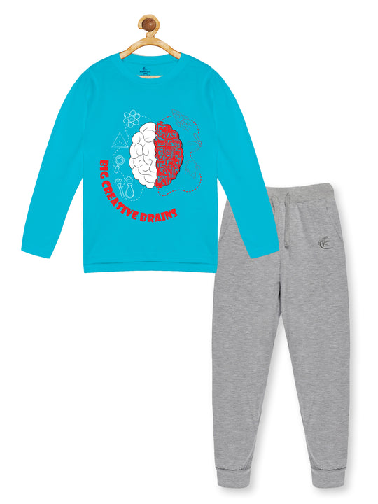 Boy's Printed Full Sleeve Round Neck Tee & Solid Track Pant Set