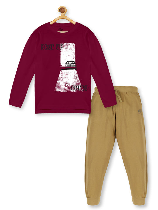 Boy's Printed Full Sleeve Round Neck Tee & Solid Track Pant Set