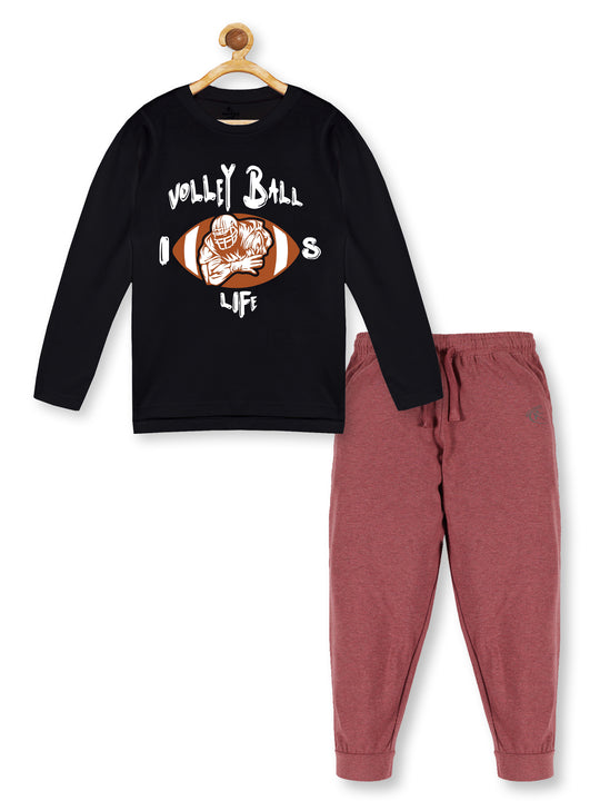 Boy's Printed Full Sleeve Round Neck Tee & Solid Track Pant Set