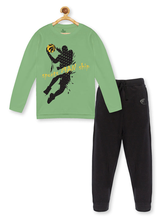 Boy's Printed Full Sleeve Round Neck Tee & Solid Track Pant Set