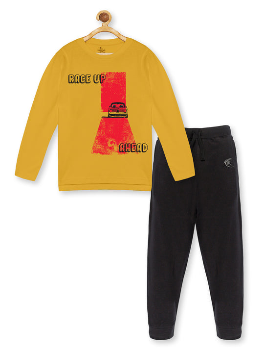 Boy's Printed Full Sleeve Round Neck Tee & Solid Track Pant Set