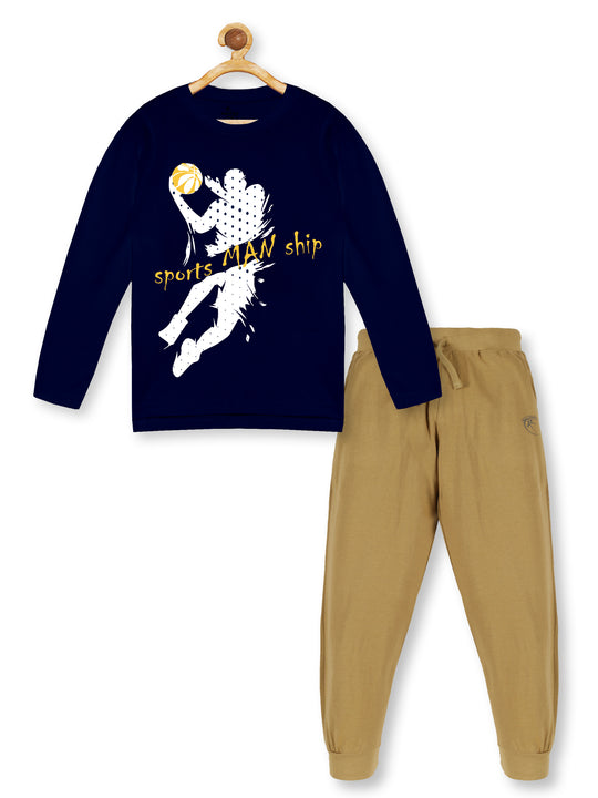 Boy's Printed Full Sleeve Round Neck Tee & Solid Track Pant Set