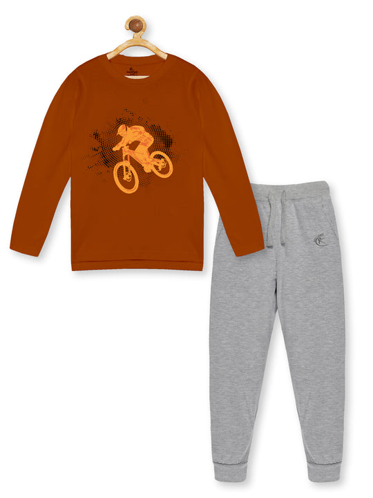 Boy's Printed Full Sleeve Round Neck Tee & Solid Track Pant Set