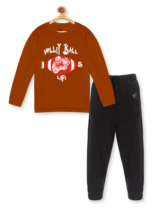 Boy's Printed Full Sleeve Round Neck Tee & Solid Track Pant Set