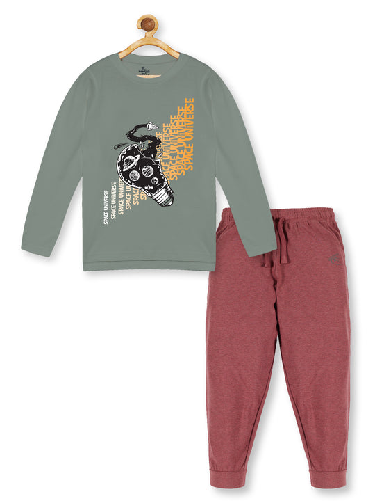 Boy's Printed Full Sleeve Round Neck Tee & Solid Track Pant Set