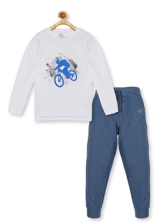 Boy's Printed Full Sleeve Round Neck Tee & Solid Track Pant Set