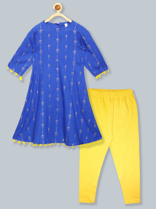 Girls Ethnic Kurta With Pom Pom Hem  & Solid Lycra Legging Set