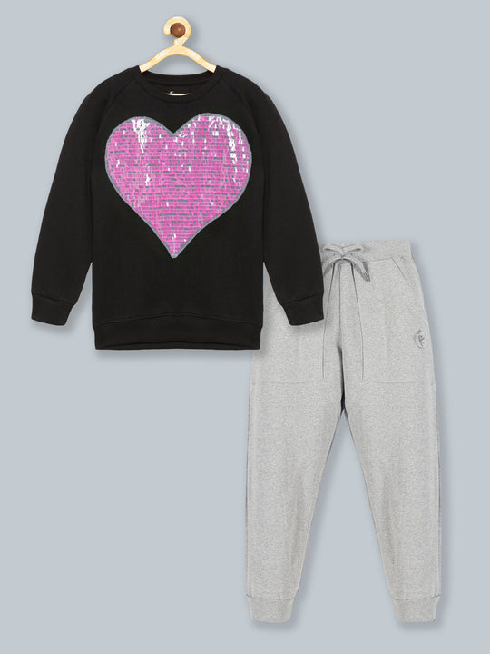 Girls Sweatshirt With Applique & Solid Fleece Track Pant Set